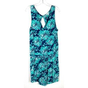 Splendid Women's Romper Size L Blue Green Floral Keyhole Back Drawstring Waist